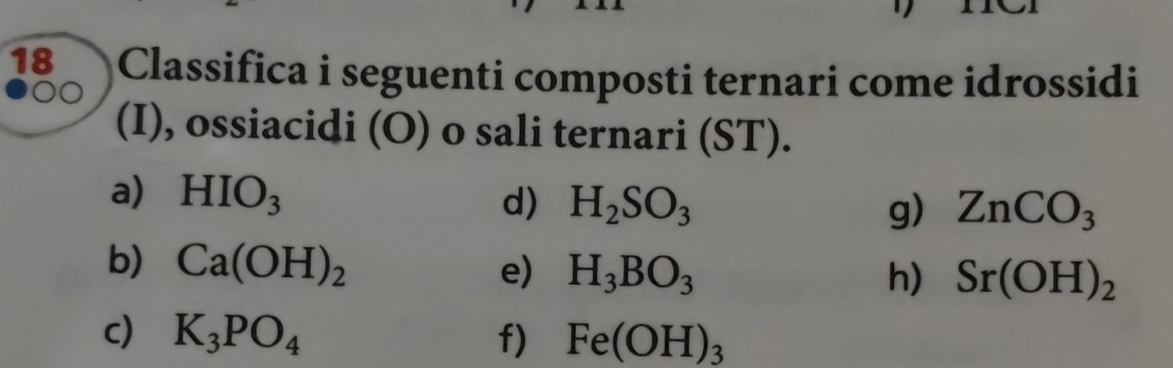 Classifica i seguenti composti ternari come idrossidi 
(I), ossiacidi (O) o sali ternari (ST). 
a) HIO_3 d) H_2SO_3
g) ZnCO_3
b) Ca(OH)_2 e) H_3BO_3
h) Sr(OH)_2
c) K_3PO_4 f) Fe(OH)_3