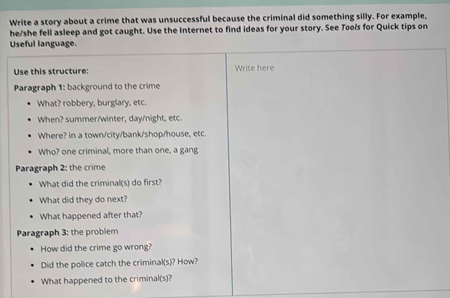 Write a story about a crime that was unsuccessful because the criminal did something silly. For example, 
he/she fell asleep and got caught. Use the Internet to find ideas for your story. See Too/s for Quick tips on 
Useful language. 
Use this structure: Write here 
Paragraph 1: background to the crime 
What? robbery, burglary, etc. 
When? summer/winter, day/night, etc. 
Where? in a town/city/bank/shop/house, etc. 
Who? one criminal, more than one, a gang 
Paragraph 2: the crime 
What did the criminal(s) do first? 
What did they do next? 
What happened after that? 
Paragraph 3: the problem 
How did the crime go wrong? 
Did the police catch the criminal(s)? How? 
What happened to the criminal(s)?