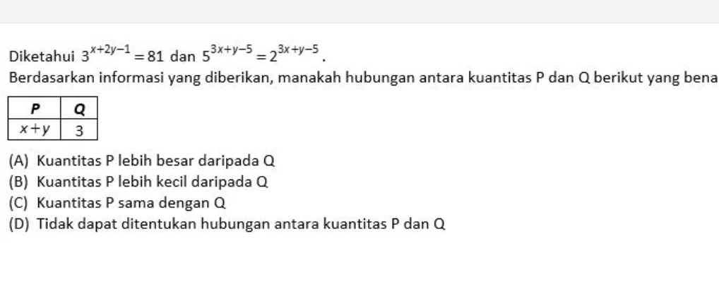 Diketahui 3^(x+2y-1)=81 dan 5^(3x+y-5)=2^(3x+y-5).
Berdasarkan informasi yang diberikan, manakah hubungan antara kuantitas P dan Q berikut yang bena
(A) Kuantitas P lebih besar daripada Q
(B) Kuantitas P lebih kecil daripada Q
(C) Kuantitas P sama dengan Q
(D) Tidak dapat ditentukan hubungan antara kuantitas P dan Q