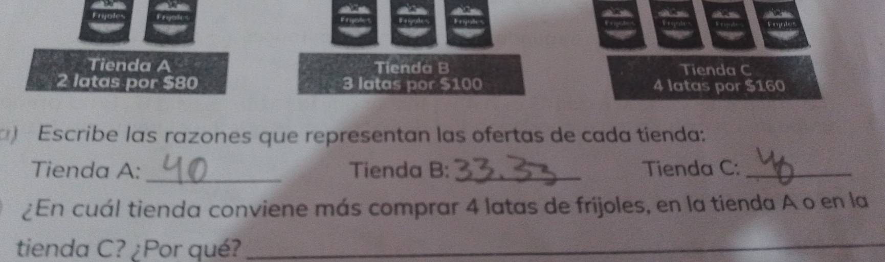 a x
Veoale Enjoles 
Tienda A Tienda B Tienda C
2 latas por $80 3 latas por $100 4 latas por $160
Escribe las razones que representan las ofertas de cada tienda: 
Tienda A:_ Tienda B: _Tienda C:_ 
¿En cuál tienda conviene más comprar 4 latas de frijoles, en la tienda A o en la 
tienda C? ¿Por qué?_