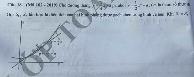 (Mã 102 - 2019) Cho đường thẳng y= 3/4 xyi parabol y= 1/2 x^2+a , ( α là tham số thực d
Gọi S_1,S_2 lần lượt là diện tích của hai hình phẳng được gạch chéo trong hình vẽ bên. Khi S_1=S_2