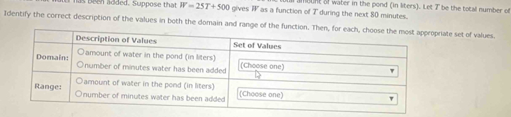 ambunt of water in the pond (in liters). Let T be the total number of 
has been added. Suppose that W=25T+500 gives W as a function of T during the next 80 minutes. 
Identify the correct description of the values in both the domain and range ote set of values.