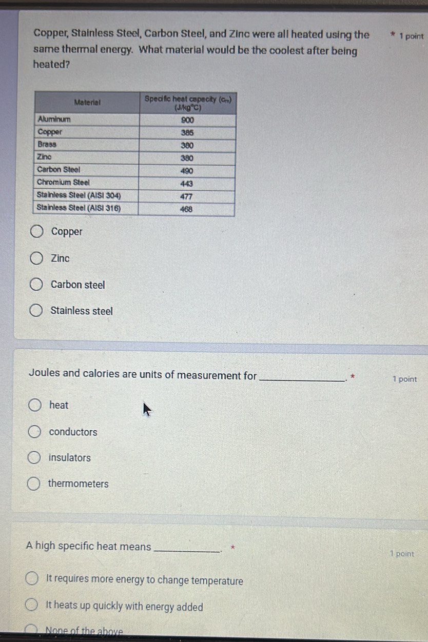 Copper, Stainless Steel, Carbon Steel, and Zinc were all heated using the 1 point
same themmal energy. What material would be the coolest after being
heated?
Copper
Zinc
Carbon steel
Stainless steel
Joules and calories are units of measurement for _.* 1 point
heat
conductors
insulators
thermometers
A high specific heat means _* 1 point
It requires more energy to change temperature
It heats up quickly with energy added
None of the above