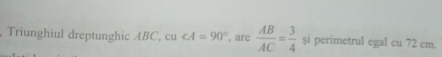 Triunghiul dreptunghic ABC, cu ∠ A=90° , are  AB/AC = 3/4  și perimetrul egal cu 72 cm.