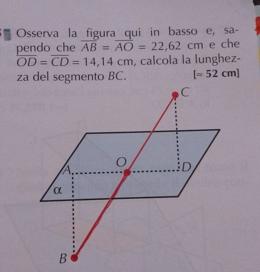 Osserva la figura qui in basso e, sa- 
pendo che overline AB=overline AO=22,62cm e che
overline OD=overline CD=14,14cm , calcola la lunghez-
[approx 52cm]