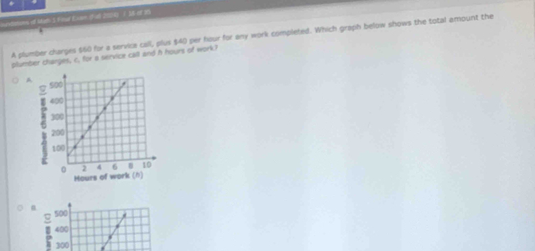 nuridiations of Math 5 Final Exon (-al 2004) ( 35 of 20
A plumber charges $60 for a service call, plus $40 per hour for any work completed. Which graph below shows the total amount the
plumber charges, c. for a service call and h hours of work?
A
.
a 500
400
300