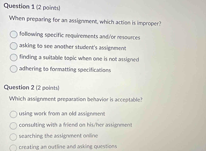 Solved: When preparing for an assignment, which action is improper ...