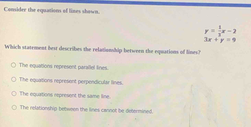 Consider the equations of lines shown.
y= 1/3 x-2
3x+y=9
Which statement best describes the relationship between the equations of lines?
The equations represent parallel lines.
The equations represent perpendicular lines.
The equations represent the same line.
The relationship between the lines cannot be determined.