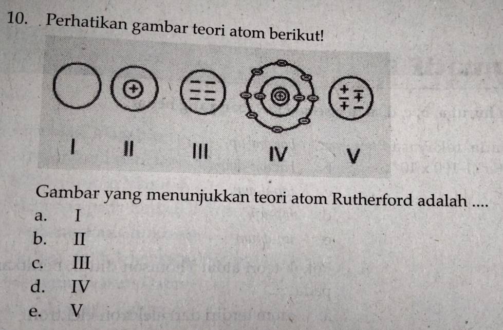 Perhatikan gambar teori atom berikut!
Gambar yang menunjukkan teori atom Rutherford adalah ....
a. I
b. Ⅱ
c. III
d. IV
e. V