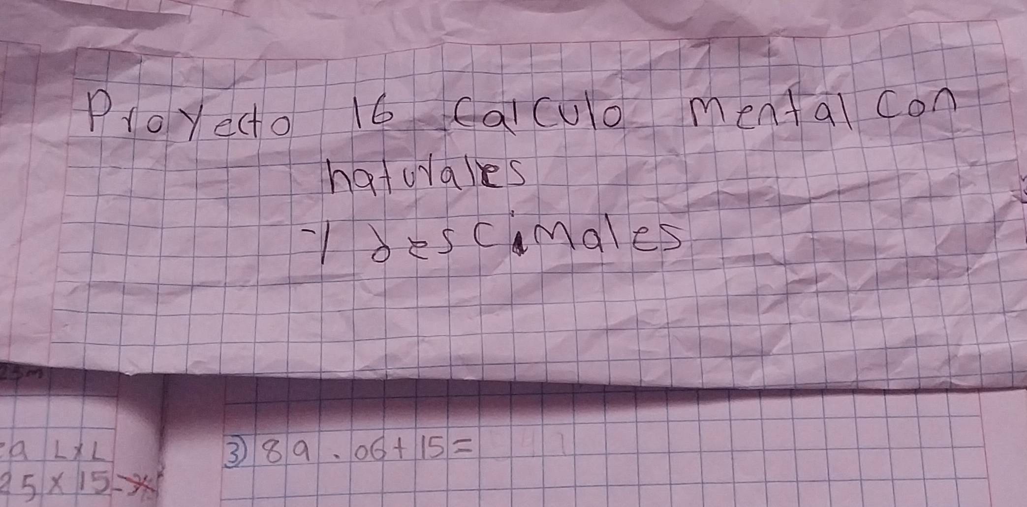 Ployecto 16 calculo mental con 
natulales 
-1 descimales 
3 
2a LxL 89· 06+15=
25* 15-7x^2