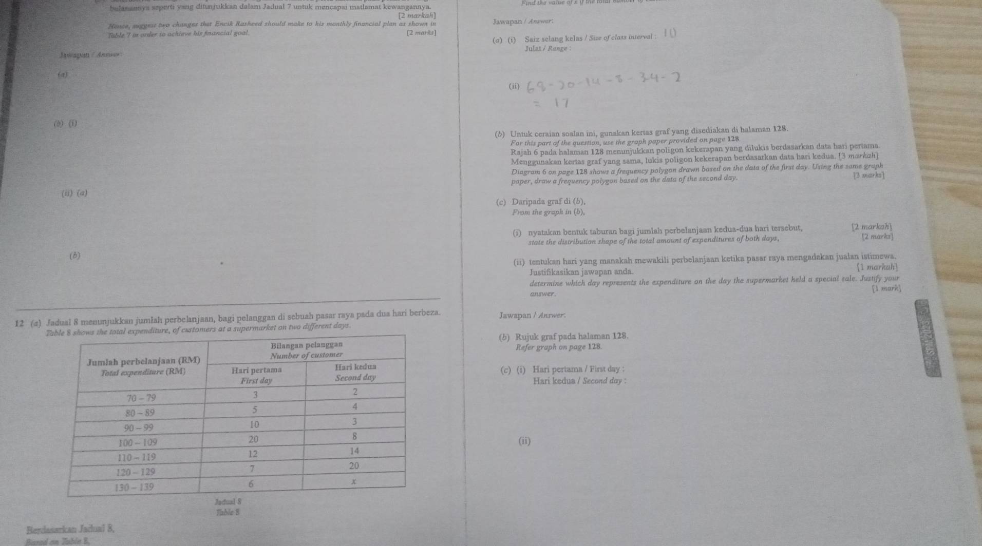 bulanamya seperti yang ditunjukkan dalam Jadual 7 untuk mencapai matlamat kewangannya
[2 markah]
Hence, suggest two changes that Encik Rasheed should make to his monthly financial plan as shown in Jawapan / Answer:
Toble 7 in order to achieve his fnancial goal [2 marks
Jawapan / Janwar : (a) (i) Saiz selang kelas / Size of class interval :
Julat / Range :
(a)
(ii)
(b) (i)
(b) Untuk ceraian soalan ini, gunakan kertas graf yang disediakan di halaman 128.
For this part of the question, use the graph paper provided on page 128
Rajah 6 pada halaman 128 menunjukkan poligon kekerapan yang dilukis berdasarkan data hari pertama.
Menggunakan kertas graf yang sama, lukis poligon kekerapan berdasarkan data hari kedua. [3 markɑh]
Diagram 6 on page 128 shows a frequency polygon drawn based on the data of the first day. Using the same graph
paper, draw a frequency polygon based on the data of the second day. [3 marks]
(ii) (a)
(c) Daripada graf di (b),
From the graph in (b),
(i) nyatakan bentuk taburan bagi jumlah perbelanjaan kedua-dua hari tersebut, [2 markah]
state the distribution shape of the total amount of expenditures of both days, [2 marks
(b)
(ii) tentukan hari yang manakah mewakili perbelanjaan ketika pasar raya mengadakan jualan istimewa.
Justifikasikan jawapan anda. [1 markah]
determine which day represents the expenditure on the day the supermarket held a special sale. Justify your
answer. [l mark]
12 (a) Jadual 8 menunjukkan jumlah perbelanjaan, bagi pelanggan di sebuah pasar raya pada dua hari berbeza. Jawapan / Answer:
a supermarket on two different days.
(b) Rujuk graf pada halaman 128.
Refer graph on page 128.
(c) (i) Hari pertama / First day ：
Hari kedua / Second day :
(ii)
Table 8
Berdasarian Jadual 8,
Bared on Zable B,