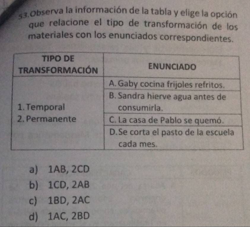 Observa la información de la tabla y elige la opción
que relacione el tipo de transformación de los
materiales con los enunciados correspondientes.
a) 1AB, 2CD
b) 1CD, 2AB
c) 1BD, 2AC
d) 1AC, 2BD