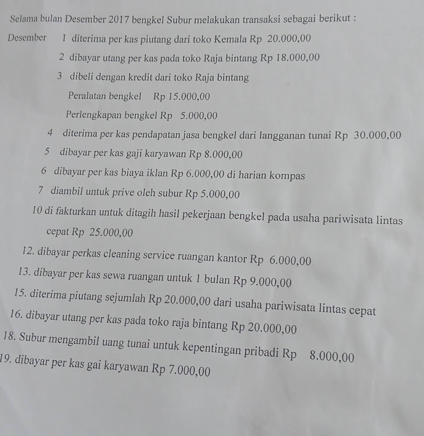 Selama bulan Desember 2017 bengkel Subur melakukan transaksi sebagai berikut : 
Desember 1 diterima per kas piutang dari toko Kemala Rp 20.000,00
2 dibayar utang per kas pada toko Raja bintang Rp 18.000,00
3 dibeli dengan kredit dari toko Raja bintang 
Peralatan bengkel Rp 15.000,00
Perlengkapan bengkel Rp 5.000,00
4 diterima per kas pendapatan jasa bengkel dari langganan tunai Rp 30.000,00
5 dibayar per kas gaji karyawan Rp 8.000,00
6 dibayar per kas biaya iklan Rp 6.000,00 di harian kompas 
7 diambil untuk prive oleh subur Rp 5.000,00
10 di fakturkan untuk ditagih hasil pekerjaan bengkel pada usaha pariwisata lintas 
cepat Rp 25.000,00
12. dibayar perkas cleaning service ruangan kantor Rp 6.000,00
13. dibayar per kas sewa ruangan untuk 1 bulan Rp 9.000,00
15. diterima piutang sejumlah Rp 20.000,00 dari usaha pariwisata lintas cepat 
16. dibayar utang per kas pada toko raja bintang Rp 20.000,00
18. Subur mengambil uang tunai untuk kepentingan pribadi Rp 8.000,00
19. dibayar per kas gai karyawan Rp 7.000,00