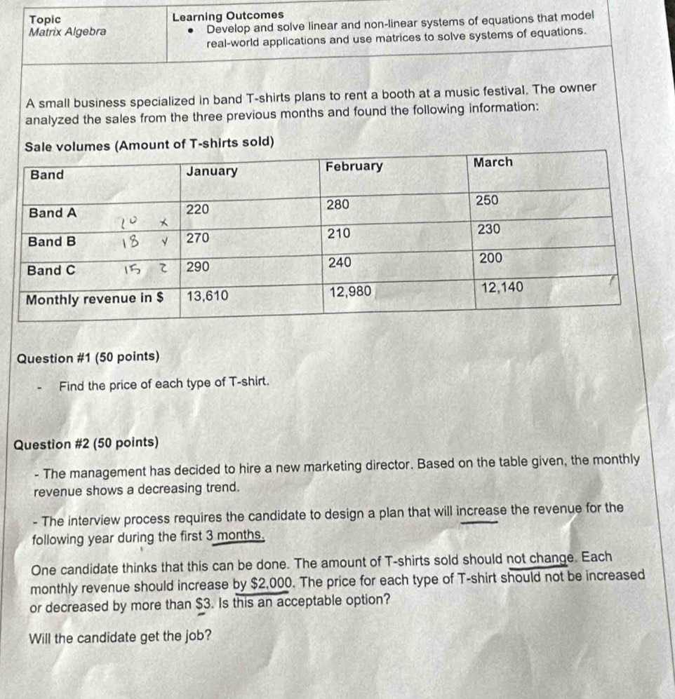 Topic 
Learning Outcomes 
Matrix Algebra Develop and solve linear and non-linear systems of equations that model 
real-world applications and use matrices to solve systems of equations. 
A small business specialized in band T-shirts plans to rent a booth at a music festival. The owner 
analyzed the sales from the three previous months and found the following information: 
f T-shirts sold) 
Question #1 (50 points) 
Find the price of each type of T-shirt. 
Question #2 (50 points) 
- The management has decided to hire a new marketing director. Based on the table given, the monthly 
revenue shows a decreasing trend. 
- The interview process requires the candidate to design a plan that will increase the revenue for the 
following year during the first 3 months. 
One candidate thinks that this can be done. The amount of T-shirts sold should not change. Each 
monthly revenue should increase by $2,000. The price for each type of T-shirt should not be increased 
or decreased by more than $3. Is this an acceptable option? 
Will the candidate get the job?