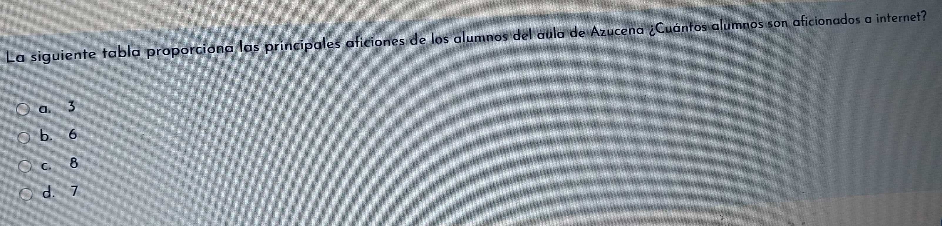 La siguiente tabla proporciona las principales aficiones de los alumnos del aula de Azucena ¿Cuántos alumnos son aficionados a internet?
a. 3
b. 6
c. 8
d. 7