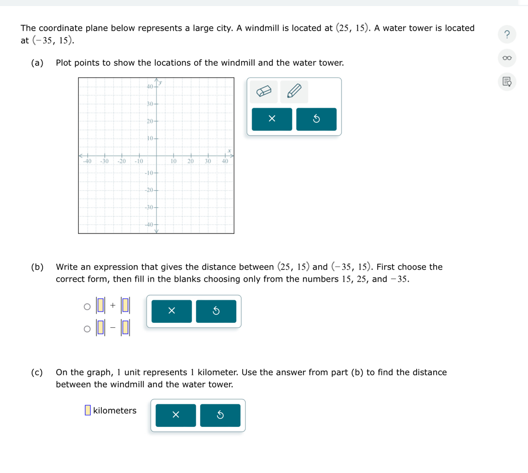 The coordinate plane below represents a large city. A windmill is located at (25,15). A water tower is located ? 
at (-35,15). 
0 
(a) Plot points to show the locations of the windmill and the water tower. 
× S 
(b) Write an expression that gives the distance between (25,15) and (-35,15). First choose the 
correct form, then fill in the blanks choosing only from the numbers 15, 25, and −35.
□ +□ × 
(c) On the graph, 1 unit represents 1 kilometer. Use the answer from part (b) to find the distance 
between the windmill and the water tower.
kilometers ×