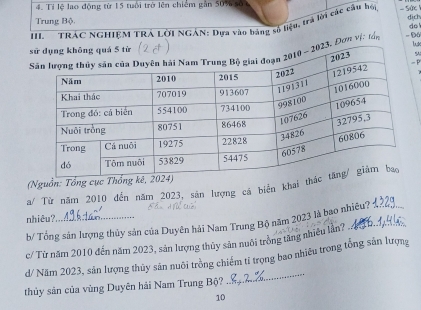 Tí lệ lao động từ 15 tuổi trở lên chiếm gần 50% sở t 
Trung Bộ, 
do 
III. TRAC NGHIỆM TRÁ LờI NGÁN: Dựa vào bảng số liệu, trà lời các câu hội - Sức dịch 
l 
23. Đơn vị: tổn = Đô 
9 
P 
(Nguồn: Tổng cục Thống 
a/ Từ năm 2010 đến năm 2023, sản lượng cá biển khai th 
nhiêu?_ 
b/ Tổng sản lượng thủy sản của Duyện hải Nam Trung Bộ năm 2023 là bao nhiệu? 
c/ Từ năm 2010 đến năm 2023, sản lượng thủy sản nuôi trồng tăng nhiêu lần? .. 
_ 
d/ Năm 2023, sản lượng thủy sản nuôi trồng chiếm tỉ trọng bao nhiều trong tổng sản lượng 
thủy sản của vùng Duyên hải Nam Trung Bộ? 
10