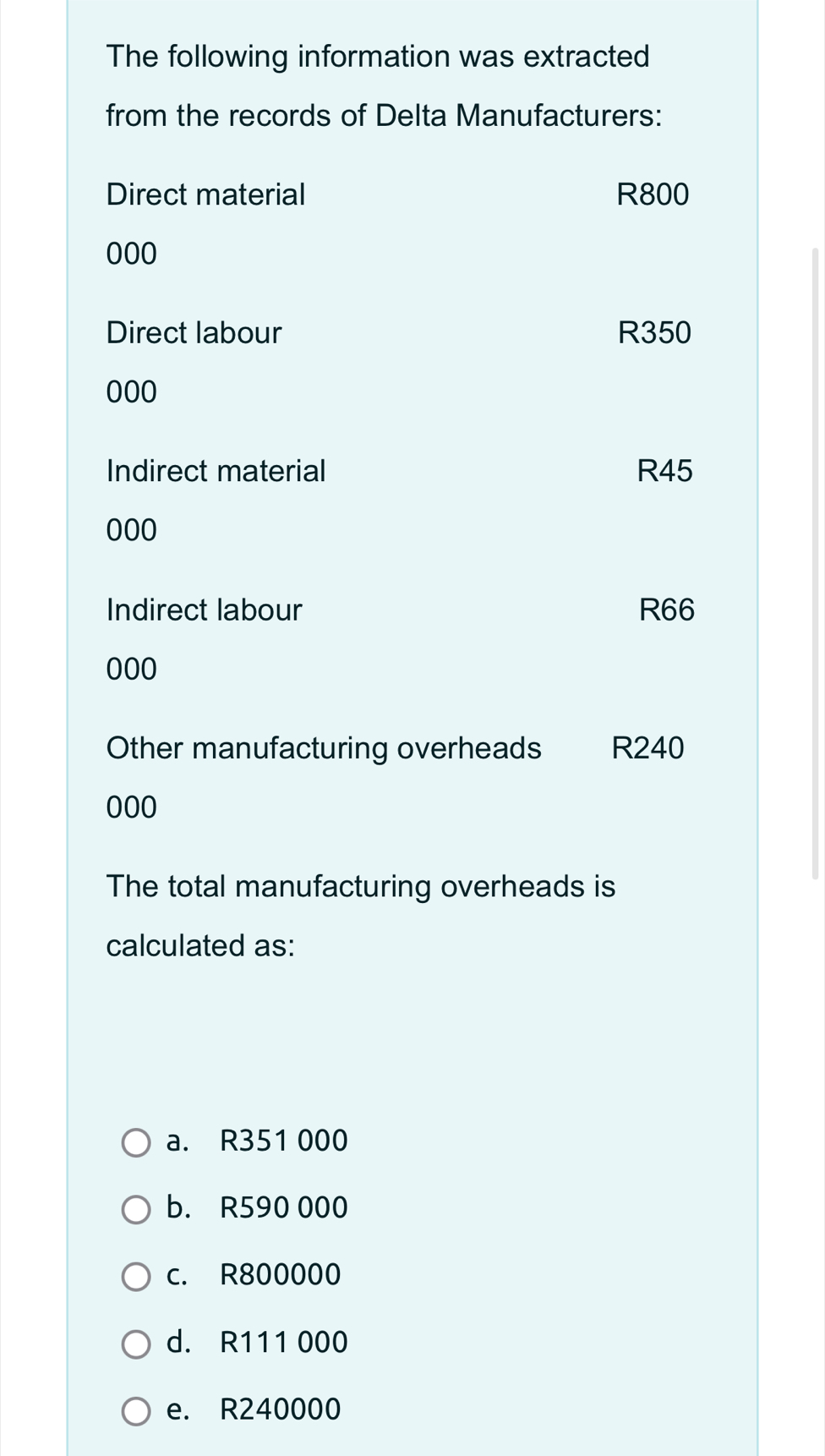 The following information was extracted
from the records of Delta Manufacturers:
Direct material R800
000
Direct labour R350
000
Indirect material R45
000
Indirect labour R66
000
Other manufacturing overheads R240
000
The total manufacturing overheads is
calculated as:
a. R351 000
b. R590 000
c. R800000
d. R111 000
e. R240000