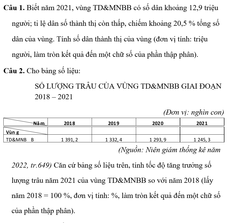 Biết năm 2021, vùng TD&MNBB có số dân khoảng 12, 9 triệu 
người; tỉ lệ dân số thành thị còn thấp, chiếm khoảng 20, 5 % tổng số 
dân của vùng. Tính số dân thành thị của vùng (đơn vị tính: triệu 
người, làm tròn kết quả đến một chữ số của phần thập phân). 
Câu 2. Cho bảng số liệu: 
SỔ LƯợNG TRÂU CỦA VÜNG TD&MNBB GIAI ĐOẠN 
2018 - 2021 
(Đơn vị: nghìn con) 
(Nguồn: Niên giám thống kê năm
2022, tr.649) Căn cứ bảng số liệu trên, tính tốc độ tăng trưởng số 
lượng trâu năm 2021 của vùng TD&MNBB so với năm 2018 (lấy 
năm 2018=100% , đơn vị tính: %, làm tròn kết quả đến một chữ số 
của phần thập phân).