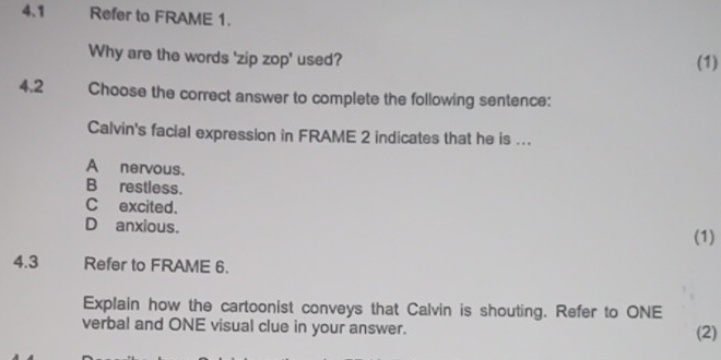 Solved: 4.1 Refer to FRAME 1. Why are the words 'zip zop' used? (1) 4.2 ...