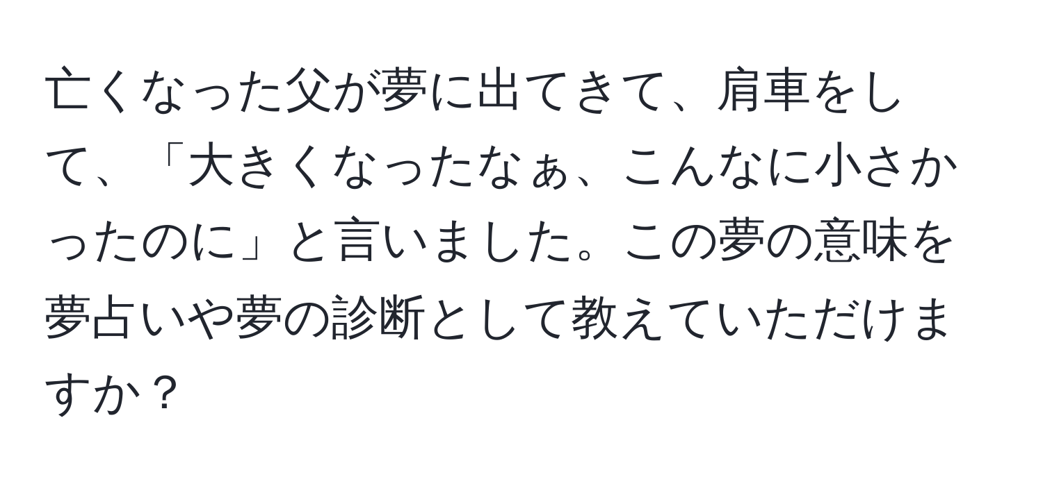 亡くなった父が夢に出てきて、肩車をして、「大きくなったなぁ、こんなに小さかったのに」と言いました。この夢の意味を夢占いや夢の診断として教えていただけますか？