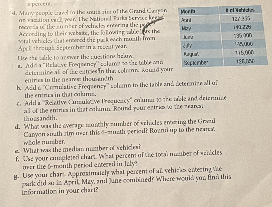 a percent. 
4. Many people travel to the south rim of the Grand Canyon 
on vacation each year. The National Parks Service keer s 
records of the number of vehicles entering the park. 
According to their website, the following table lists the 
total vehicles that entered the park each month from 
April through September in a recent year. 
Use the table to answer the questions below. 
a. Add a “Relative Frequency” column to the table and 
determine all of the entries in that column. Round your 
entries to the nearest thousandth. 
b. Add a “Cumulative Frequency” column to the table and determine all of 
the entries in that column. 
c. Add a “Relative Cumulative Frequency” column to the table and determine 
all of the entries in that column. Round your entries to the nearest 
thousandth. 
d. What was the average monthly number of vehicles entering the Grand 
Canyon south rim over this 6-month period? Round up to the nearest 
whole number. 
e. What was the median number of vehicles? 
f. Use your completed chart. What percent of the total number of vehicles 
over the 6-month period entered in July? 
g. Use your chart. Approximately what percent of all vehicles entering the 
park did so in April, May, and June combined? Where would you find this 
information in your chart?