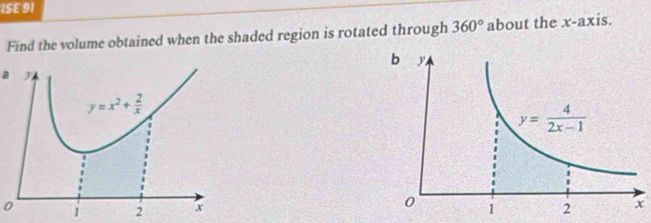 ISE 91
Find the volume obtained when the shaded region is rotated through 360° about the x-axis.
a
0