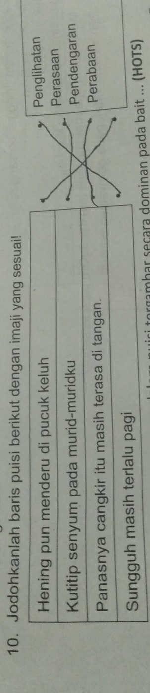 Jodohkanlah baris puisi berikut dengan imaji yang sesuai! 
Penglihatan 
Perasaan 
Pendengaran 
Perabaan 
argambar seçara doman pada bait ... (HOTS)