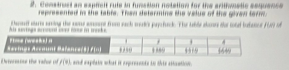 Construst an explisit ruls in funation notation for the arthmetic sequence 
represented in the table. Then determins the valus of the given tarm, 
Darnell starts saving the same amoupt from sach week's paycheck. The table show the utal bslancs fUn o 
his savings aceou í i weske. 
Determing the value of f(8); and explain what it represents in this situation.