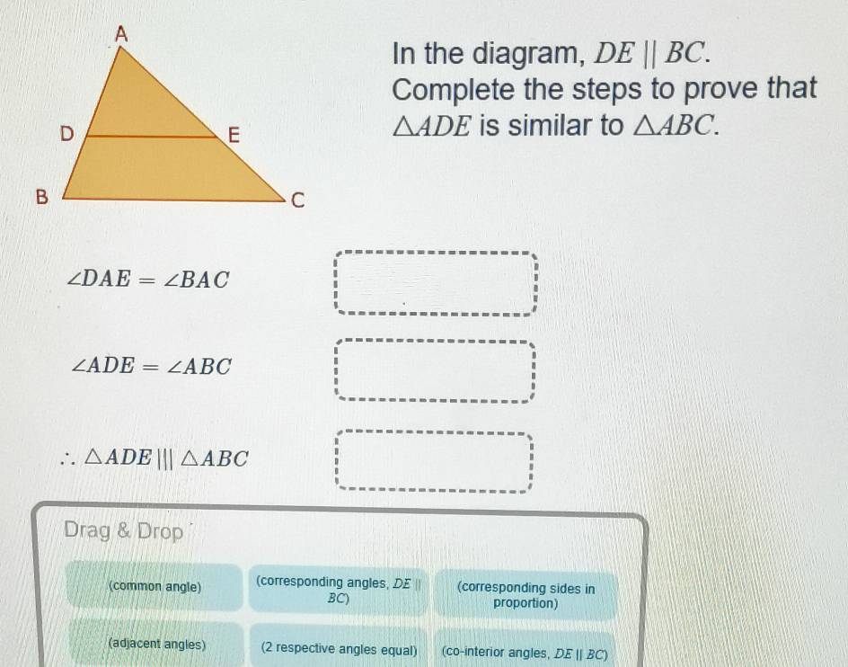 In the diagram, DEparallel BC. 
Complete the steps to prove that
△ ADE is similar to △ ABC.
∠ DAE=∠ BAC
∠ ADE=∠ ABC
∴ △ ADE|||△ ABC
Drag & Drop 
(common angle) (corresponding angles, DE (corresponding sides in
BC) proportion) 
(adjacent angles) (2 respective angles equal) (co-interior angles, DEparallel BC)