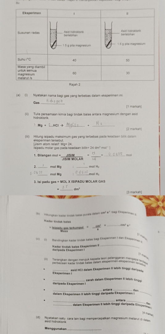 itu
(a) (i) Nyatakan nama bagi gas yang terbebas dalam eksperimen ini.
Gas_
[1 markah]
(ii) Tulis persamaan kimia bagi tindak balas antara magnesium dengan asid
hidroklorik.
Mg+2...HClto _+_
[2 markah]
(iii) Hitung isipadu maksimum gas yang terbebas pada keadaan bilik dalam
eksperimen tersebut.
[Jisim atom relatif: Mg=24;
Isipadu molar gas pada keadaan bilik=24dm^3 mol^(-1)]
1. Bilangan mol = JISIM/JISIMNOLAR = IS/14 = _mol
2. mol Mg _mol H_2
_mol Mg _.mol H_2
3. Isi padu gas s=MOLX ISIPADU MOLAR GAS
_ dm^3
[3 markah]
(h) Mitungkan kadar tindak balas purata dalam cm³ a² bagi Eksperimen y
Kadar tíndak balas
` Isipadu gas terkumpul. “ - cm^3/s = _ cm^3s^(-1)
3
11 mak
_
(c) (i) Bandingkan kadar tindak balas bagi Eksperimen I dan Ekšperinen I
Kadar tindak balas Eksperimen II
daripada Eksperimen I
1 mark
(i) Terangkan dengan merujuk kepada teori pelanggaran mengapa ferdap
perbezaan kadar tindak balas dalam eksperimen-eksperimen tersebu
asid HCI dalam Eksperimen II lebih tinggi daripada
Eksperimen I
zarah dalam Eksperimen II lebih tinggi
daripada Eksperimen I
_
_antara dan_
dalam Eksperimen II lebih tinggi daripada Eksperimen |
_antara_
da-
dalam Eksperimen II lebih tinggi daripada Eksperimen 
[4 markas
(d) Nyatakan satu cara lain bagi mempercepatkan magnesium melarut di dalam
asid hidroklorik
Menggunakan_