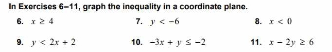 In Exercises 6-11, graph the inequality in a coordinate plane. 
6. x≥ 4 7. y 8. x<0</tex> 
9. y<2x+2 10. -3x+y≤ -2 11. x-2y≥ 6