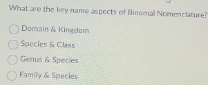 Solved: What are the key name aspects of Binomal Nomenclature? Domain ...