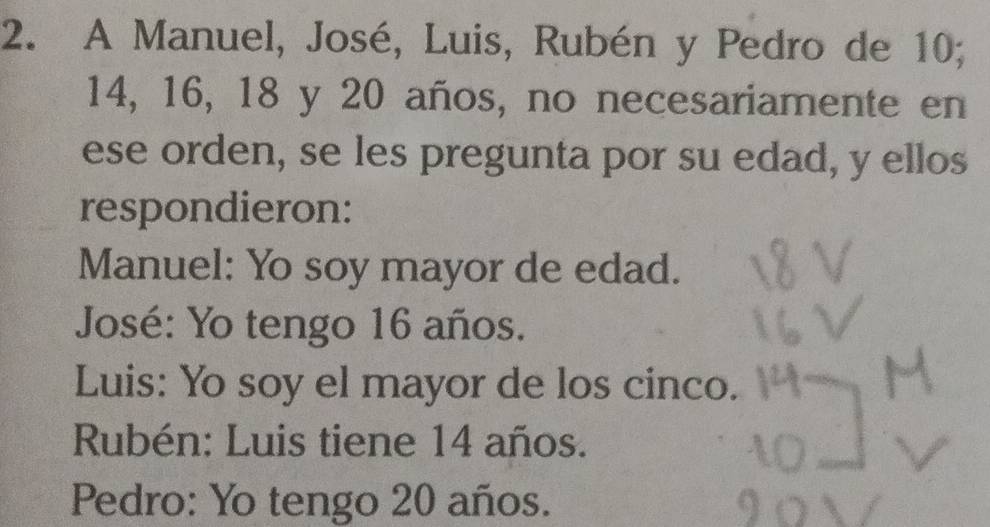 A Manuel, José, Luis, Rubén y Pedro de 10;
14, 16, 18 y 20 años, no necesariamente en
ese orden, se les pregunta por su edad, y ellos
respondieron:
Manuel: Yo soy mayor de edad.
José: Yo tengo 16 años.
Luis: Yo soy el mayor de los cinco.
Rubén: Luis tiene 14 años.
Pedro: Yo tengo 20 años.