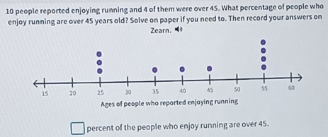 10 people reported enjoying running and 4 of them were over 45. What percentage of people who 
enjoy running are over 45 years old? Solve on paper if you need to. Then record your answers on 
Zearn. 
Ages of people who reported enjoying running 
percent of the people who enjoy running are over 45.