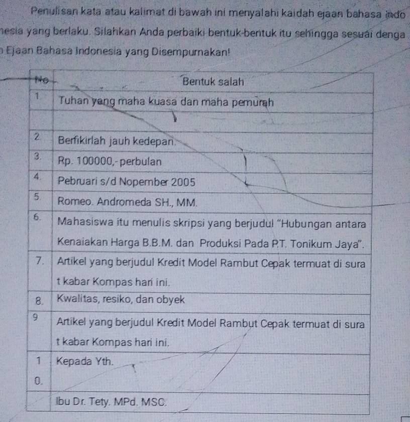 Penulisan kata atau kalimat di bawah ini menyalahi kaidah ejaan bahasa indo 
nesia yang berlaku. Silahkan Anda perbaíki bentuk-bentuk itu sehingga sesuai denga 
n Ejaan Bahasa Indonesia yang Disempurnakan!