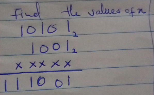 Find the salues ofn
beginarrayr 10101 10 1001_2 * x* x*  hline 11001endarray