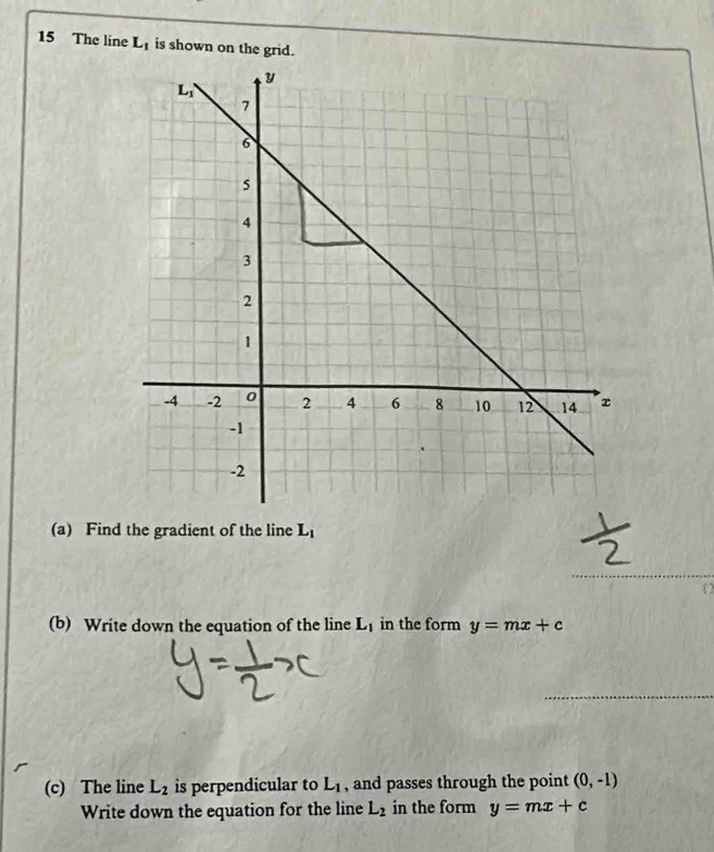 The line L_1 is shown on the grid.
(a) Find the gradient of the line L_1
(b) Write down the equation of the line L_1 in the form y=mx+c
(c) The line L_2 is perpendicular to L_1 , and passes through the point (0,-1)
Write down the equation for the line L_2 in the form y=mx+c