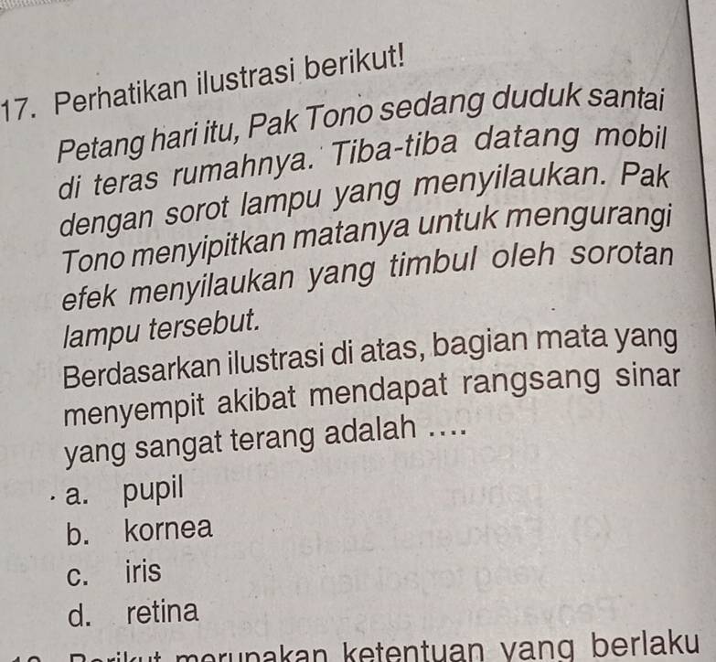 Perhatikan ilustrasi berikut!
Petang hari itu, Pak Tono sedang duduk santai
di teras rumahnya. Tiba-tiba datang mobil
dengan sorot lampu yang menyilaukan. Pak
Tono menyipitkan matanya untuk mengurangi
efek menyilaukan yang timbul oleh sorotan
lampu tersebut.
Berdasarkan ilustrasi di atas, bagian mata yang
menyempit akibat mendapat rangsang sinar
yang sangat terang adalah ....
a. pupil
b. kornea
c. iris
d. retina
k runakan ketentuan vang berlaku