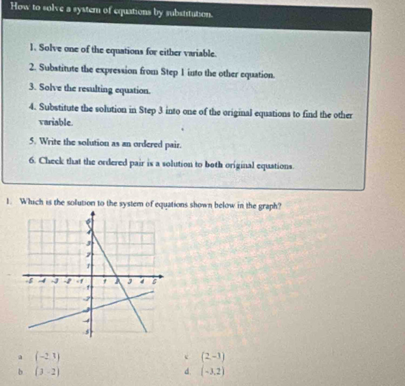 How to solve a system of equations by substitution.
1. Solve one of the equations for either variable.
2. Substitute the expression from Step 1 into the other equation.
3. Solve the resulting equation.
4. Substitute the solution in Step 3 into one of the original equations to find the other
variable.
5. Write the solution as an ordered pair.
6. Check that the ordered pair is a solution to both original equations.
1. Which is the solution to the system of equations shown below in the graph?
a (-2,3)
c (2,-3)
b (3,-2)
d. (-3,2)