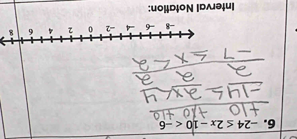 -24≤ 2x-10
Interval Notation: