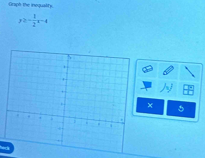 Graph the inequality.
y≥ - 1/2 x-4
5 
heck