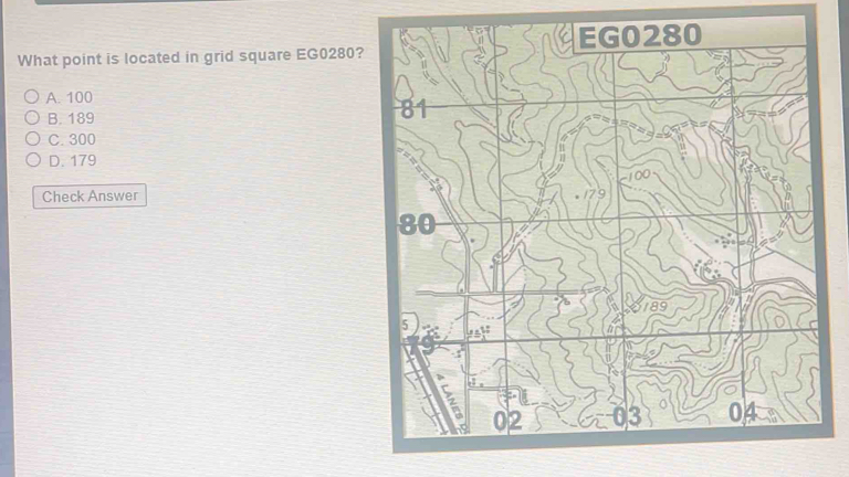 What point is located in grid square EG0280?
A. 100
B. 189
C. 300
D. 179
Check Answer