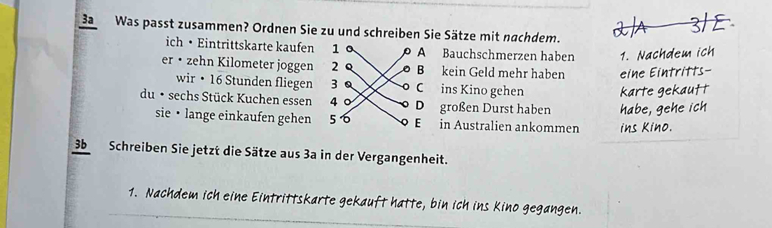 BaWas passt zusammen? Ordnen Sie zu und schreiben Sie Sätze mit nachdem. 
ich • Eintrittskarte kaufen Bauchschmerzen haben 1. Nachdem ich 
er • zehn Kilometer joggen kein Geld mehr haben eine Eintritts- 
wir • 16 Stunden fliegen ins Kino gehen 
kär e gl 
du • sechs Stück Kuchen essen großen Durst haben 
sie • lange einkaufen gehen in Australien ankommen 
3bSchreiben Sie jetzt die Sätze aus 3a in der Vergangenheit. 
1. Nachdem ich eine Eintrittskarte gekauft hatte, bin ich ins Kino gegangen.