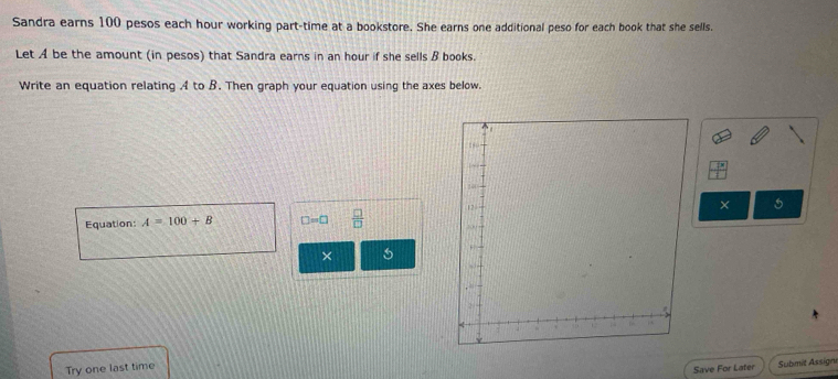 Sandra earns 100 pesos each hour working part-time at a bookstore. She earns one additional peso for each book that she sells. 
Let A be the amount (in pesos) that Sandra earns in an hour if she sells B books. 
Write an equation relating . 4 to B. Then graph your equation using the axes below. 
× 5 
Equation: A=100+B □ =□  □ /□   
× 
Try one last time 
Save For Later Submit Assigni