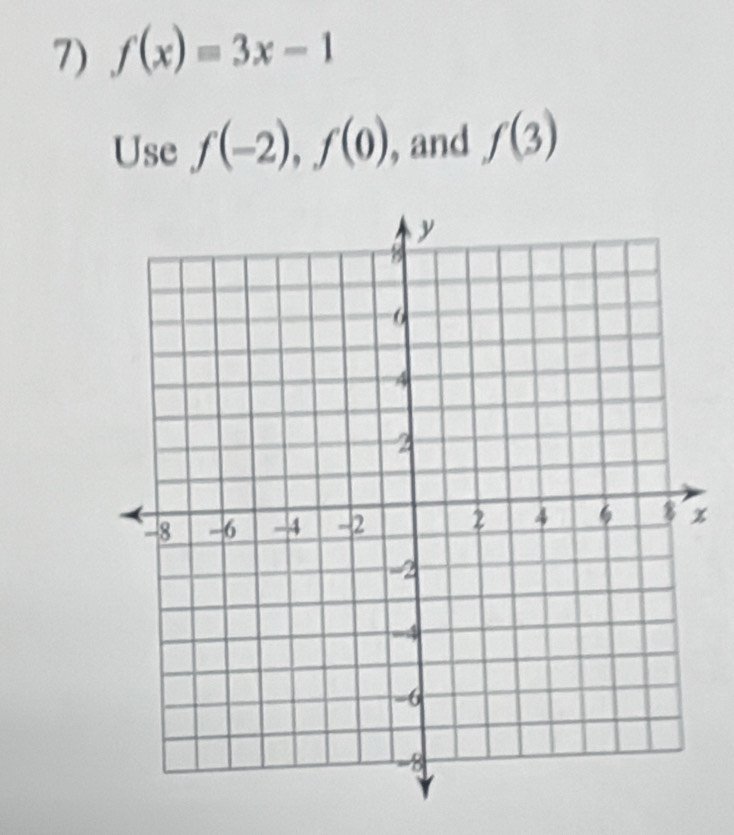 f(x)=3x-1
Use f(-2), f(0) , and f(3)