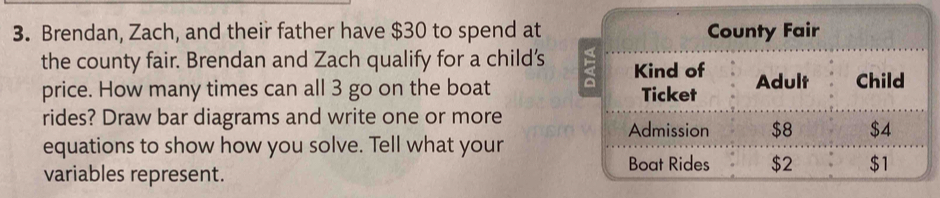 Brendan, Zach, and their father have $30 to spend at 
the county fair. Brendan and Zach qualify for a child’s 
price. How many times can all 3 go on the boat 
rides? Draw bar diagrams and write one or more 
equations to show how you solve. Tell what your 
variables represent.