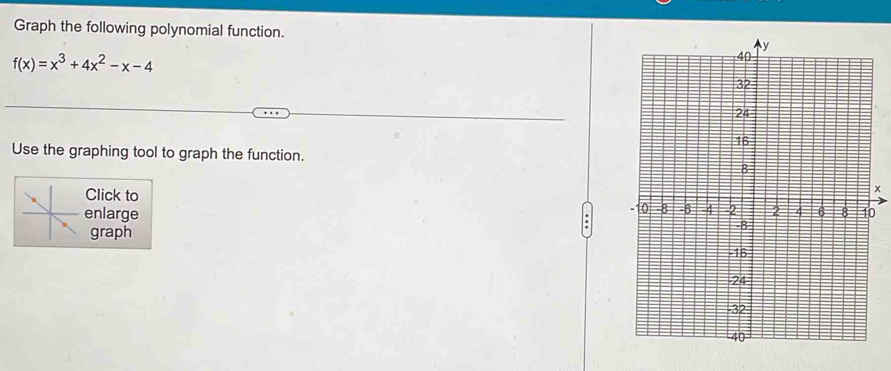 Graph the following polynomial function.
f(x)=x^3+4x^2-x-4
Use the graphing tool to graph the function. 
Click to
x
enlarge 0 
graph