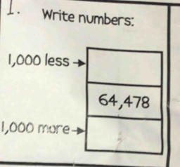 Write numbers:
1,000 less
1,000 more