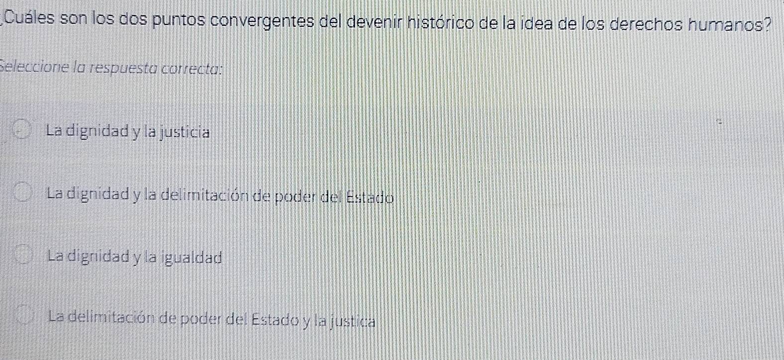 ¿Cuáles son los dos puntos convergentes del devenir histórico de la idea de los derechos humanos?
Seleccione la respuesta correcta:
La dignidad y la justicia
La dignidad y la delimitación de poder del Estado
La dignidad y la igualdad
La delimitación de poder del Estado y la justica